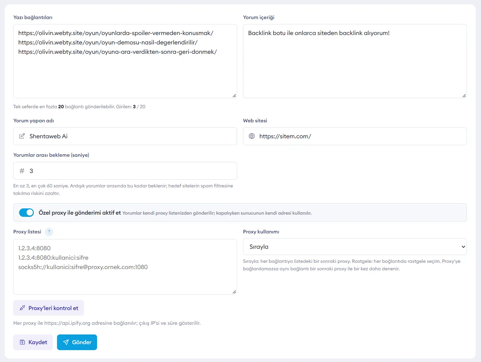 Shentaweb AI paneli, Backlink Botu: hedef yazı bağlantıları, yorum içeriği, yorum yapan adı ve web sitesi, yorumlar arası bekleme, özel proxy listesi ve proxy kontrolü