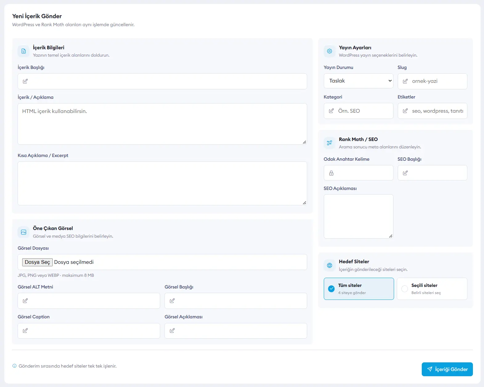 Shentaweb AI paneli, Yeni İçerik Gönder formu: içerik bilgileri, öne çıkan görsel ve SEO alanları, yayın ayarları, SEO ayarları ve hedef siteler (tüm siteler ya da seçili siteler)