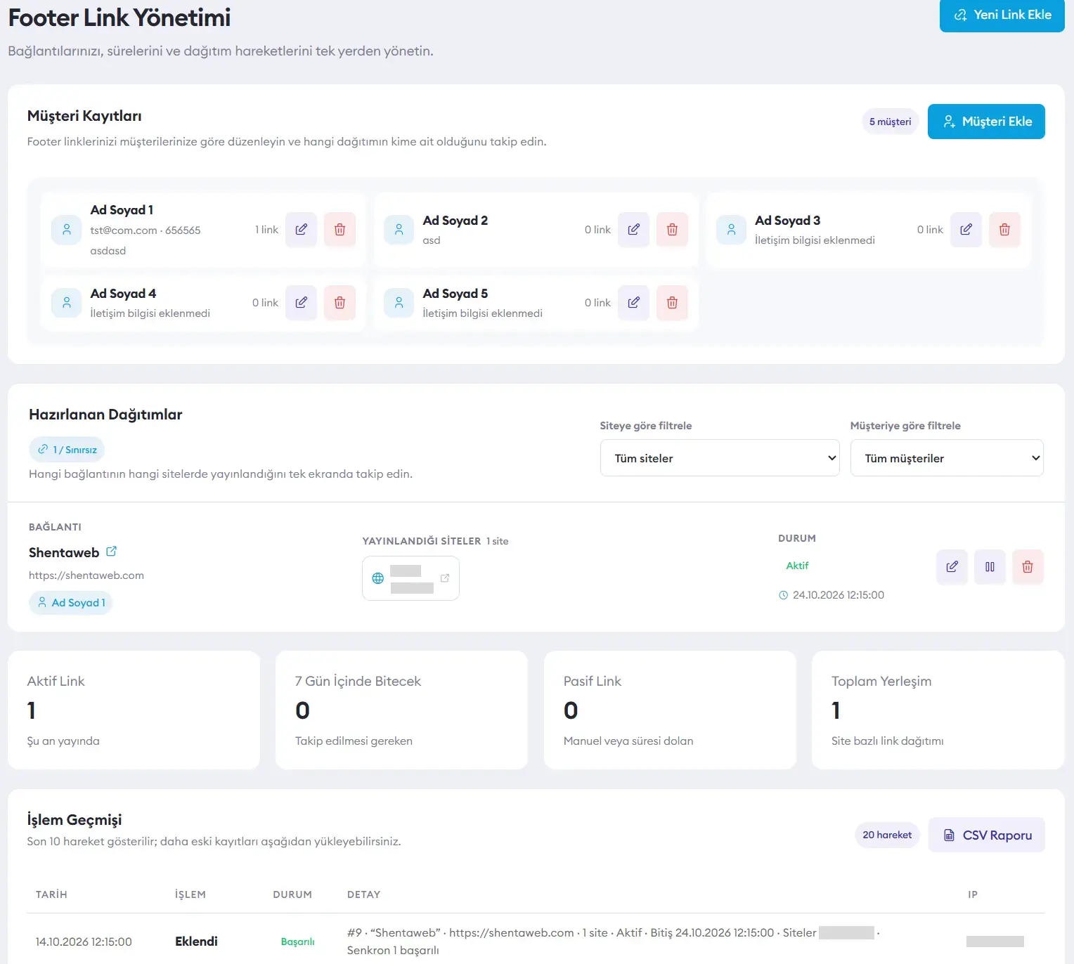 Shentaweb AI paneli, Footer Link Yönetimi: müşteri kayıtları, hazırlanan dağıtımlar, aktif ve 7 gün içinde bitecek link sayaçları, işlem geçmişi ve CSV raporu