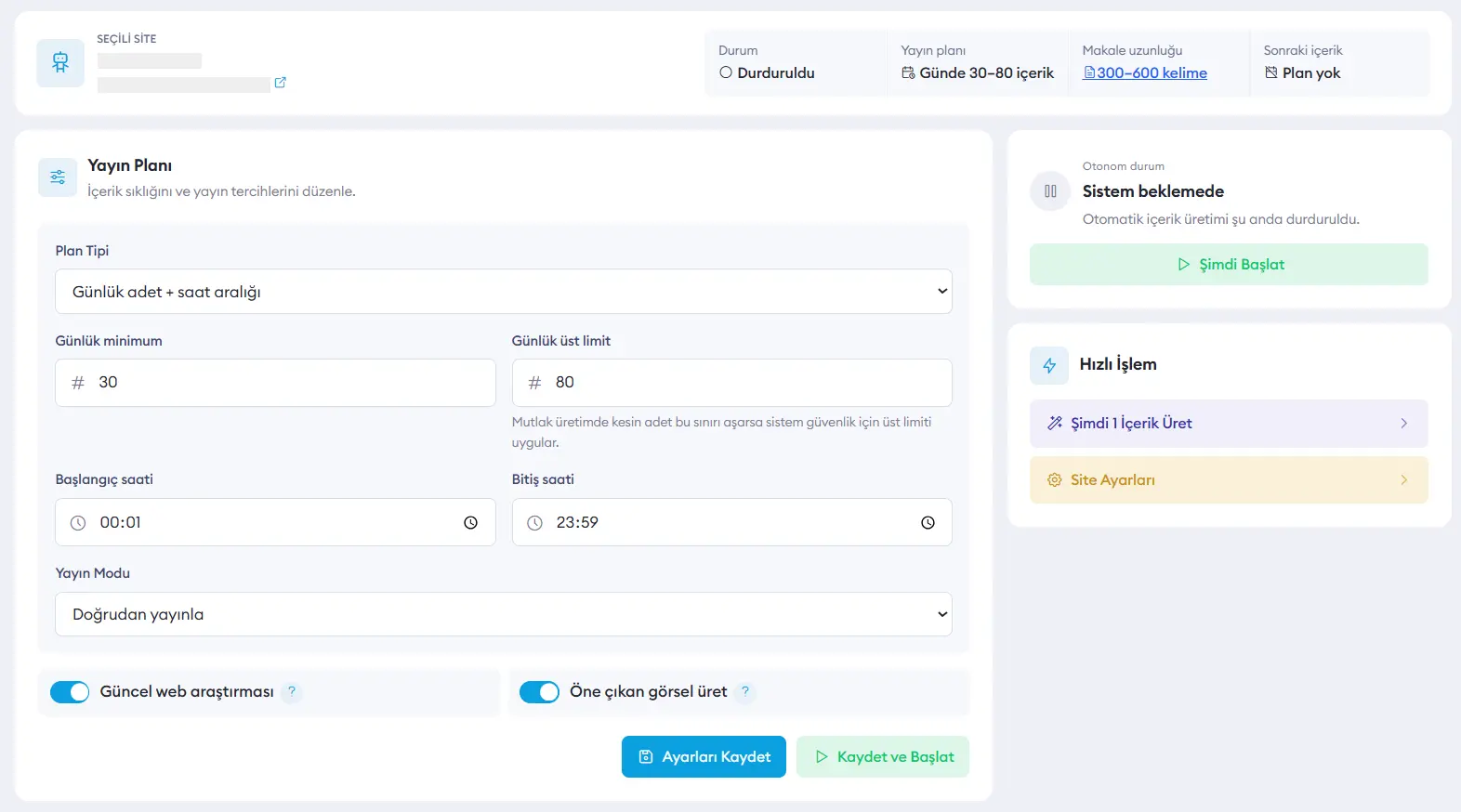 Shentaweb AI paneli, Otonom Editör › Yayın Planı: günde 30–80 içerik, 00:01–23:59 arası, doğrudan yayın; güncel web araştırması ve öne çıkan görsel açık